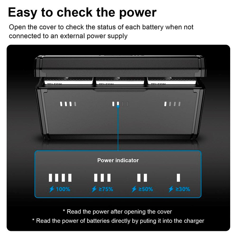 TELESIN Batteri Opladningscase & 2x Stamina Batteri Kit til GoPro Hero 9 / 10 / 11 / 12 - Sort