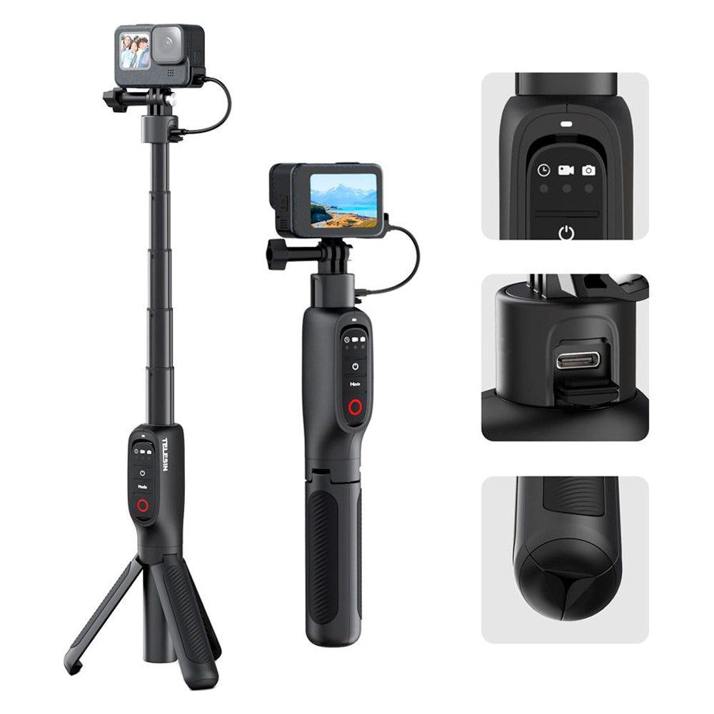 TELESIN 3-i-1 PowerBank Selfie Stick til GoPro Hero 9 / 10 / 11 / 12 / 13 / MAX - 5000 mAh - Sort