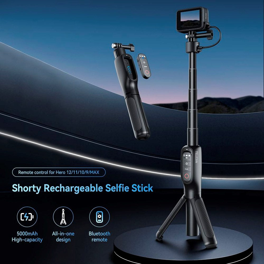 TELESIN 3-i-1 PowerBank Selfie Stick til GoPro Hero 9 / 10 / 11 / 12 / 13 / MAX - 5000 mAh - Sort