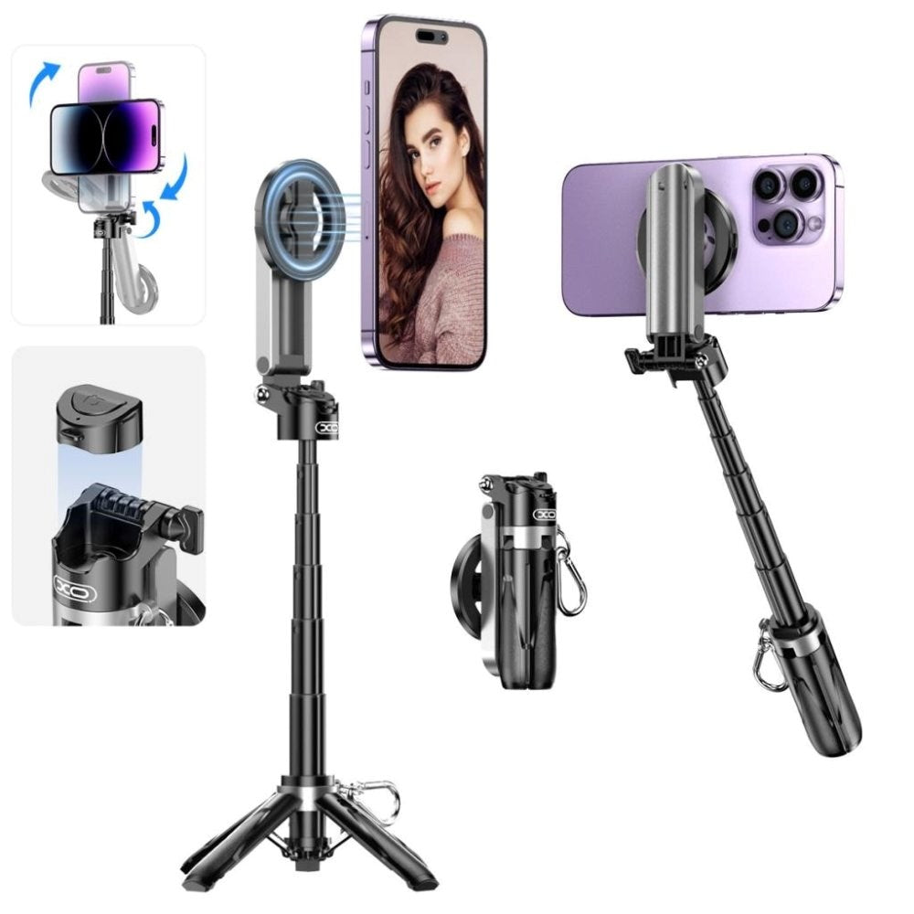 XO SS22 Multifunktionel Selfie Stang m. Indbygget Tripod & Knapudløser - MagSafe Kompatibel - Sort