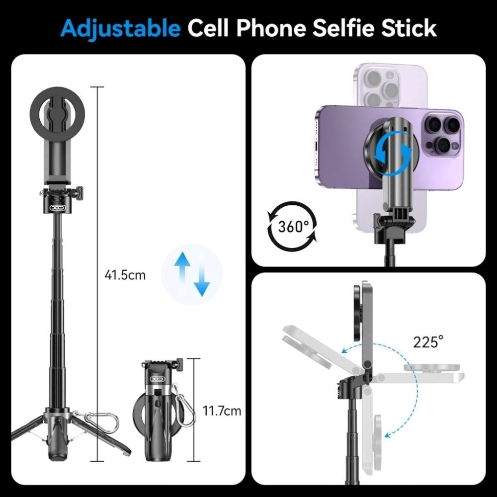 XO SS22 Multifunktionel Selfie Stang m. Indbygget Tripod & Knapudløser - MagSafe Kompatibel - Sort