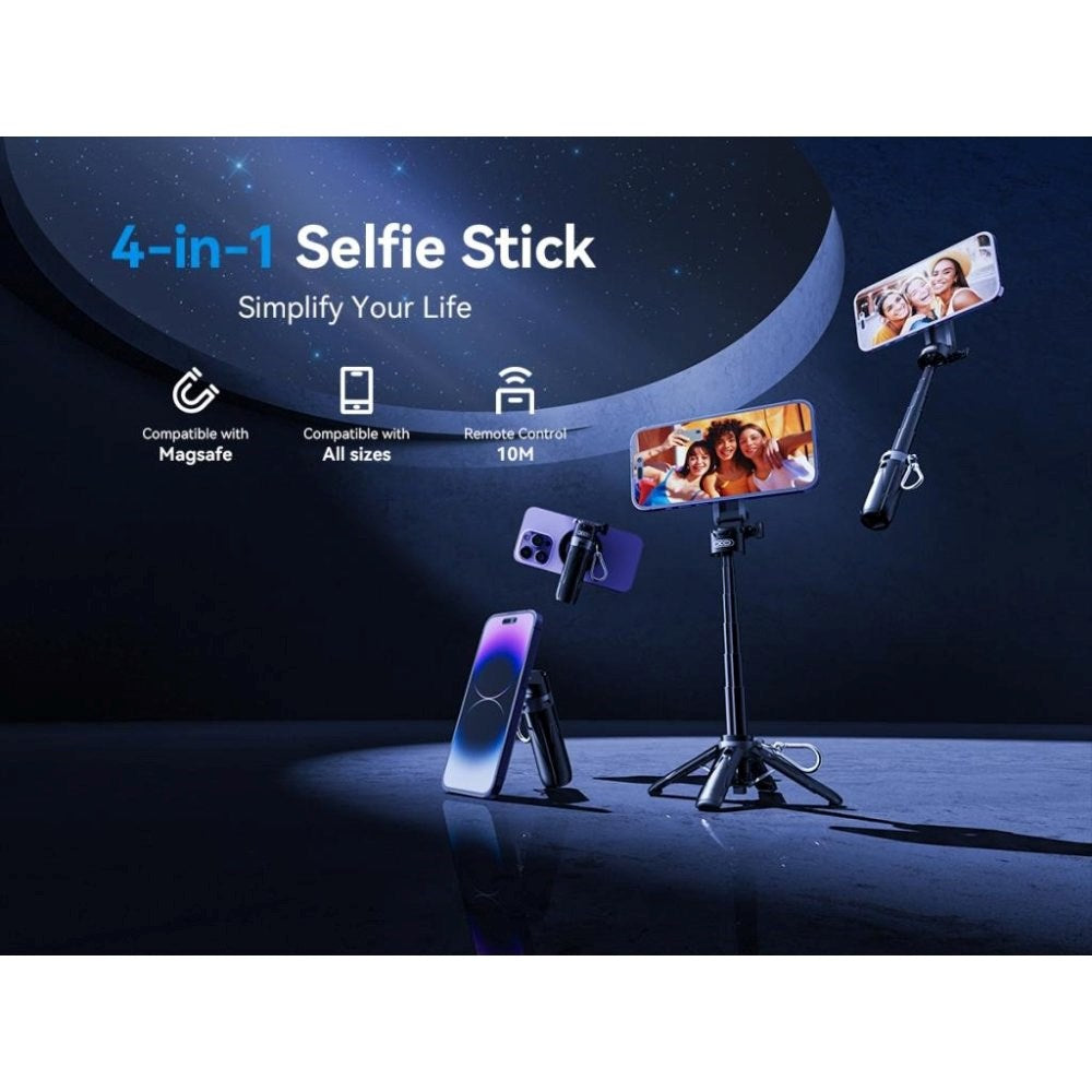 XO SS22 Multifunktionel Selfie Stang m. Indbygget Tripod & Knapudløser - MagSafe Kompatibel - Sort