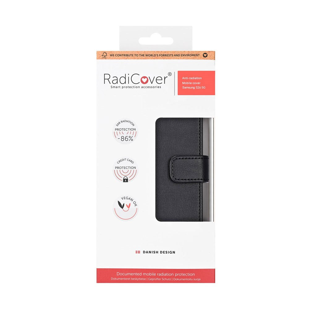 Samsung Galaxy S26 RadiCover Anti Stråling Kunstlæder Flip Cover m. Kortholder - Sort