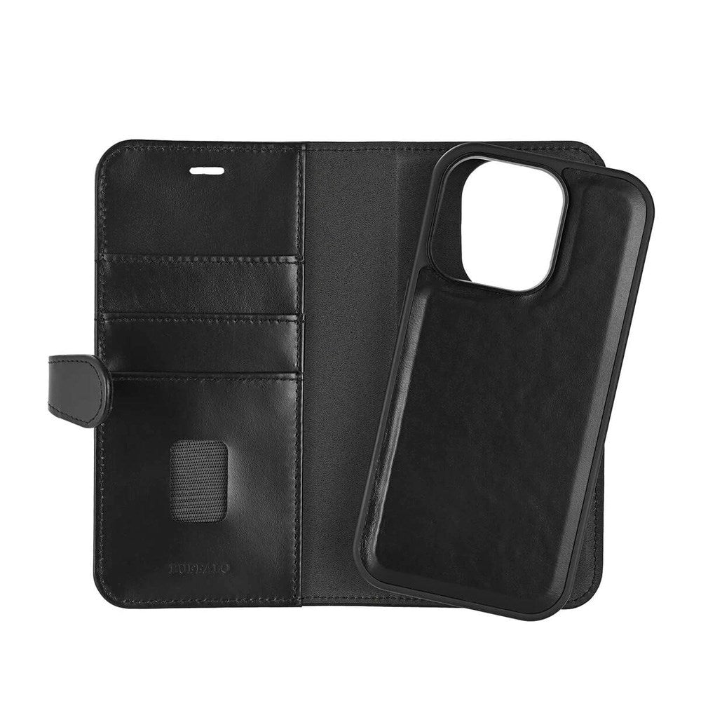 iPhone 16 Pro Buffalo 2-in-1 Wallet Ægte Læder Magnet Cover m. Pung - MagSafe Kompatibel - Sort