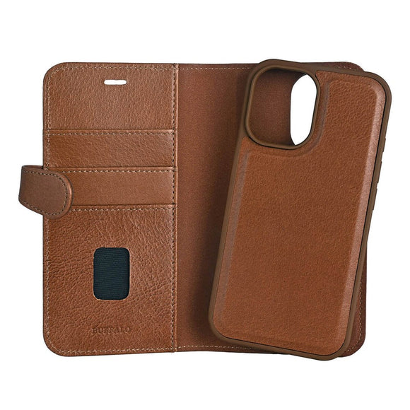 iPhone 16 Buffalo 2-in-1 Wallet Ægte Læder Magnet Cover m. Pung - MagSafe Kompatibel - Brun