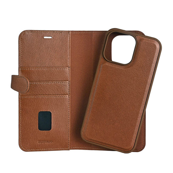 iPhone 16 Pro Max Buffalo 2-in-1 Wallet Ægte Læder Magnet Cover m. Pung - MagSafe Kompatibel - Brun