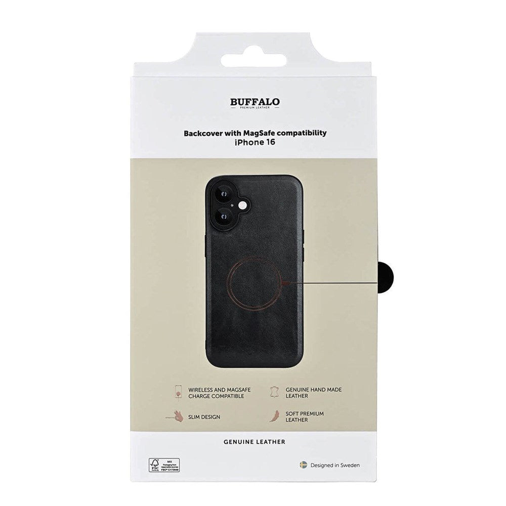 iPhone 16 Buffalo Ægte Læder Cover - MagSafe Kompatibel - Sort