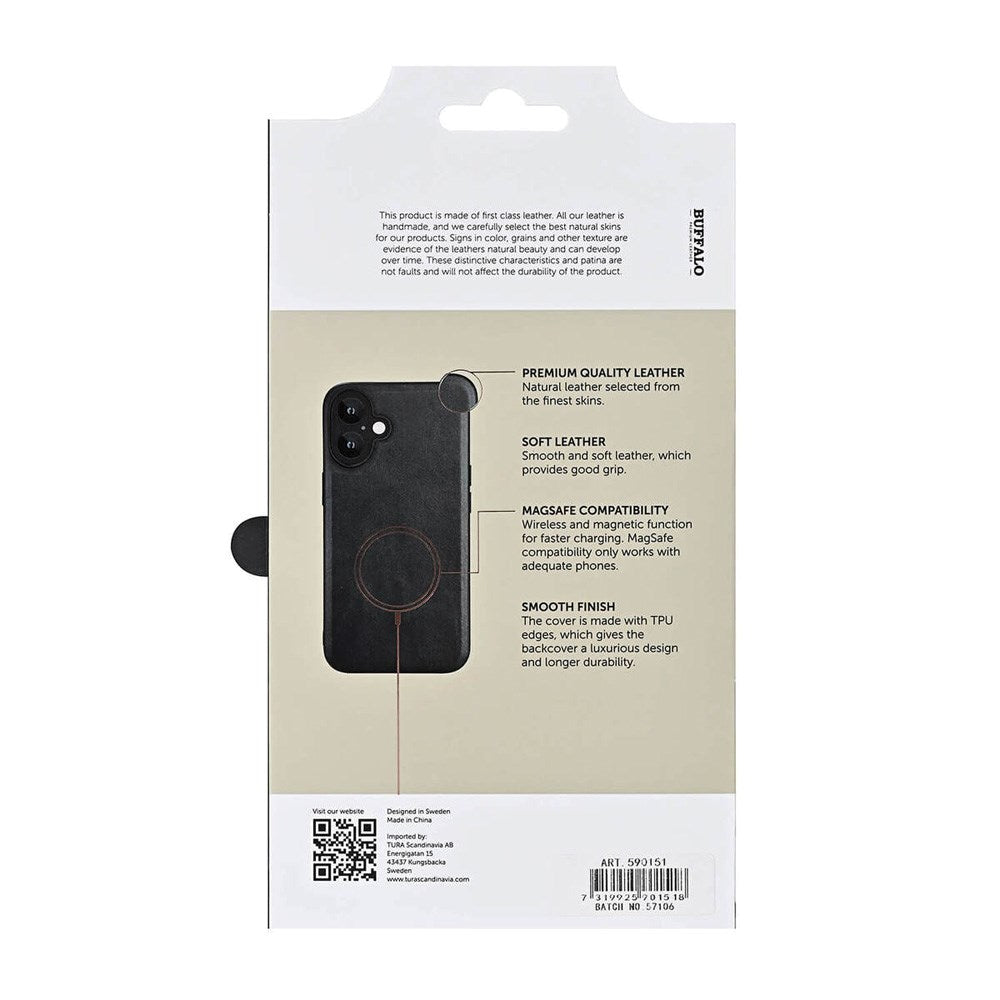iPhone 16 Buffalo Ægte Læder Cover - MagSafe Kompatibel - Sort