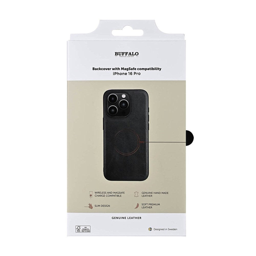 iPhone 16 Pro Buffalo Ægte Læder Cover - MagSafe Kompatibel - Sort
