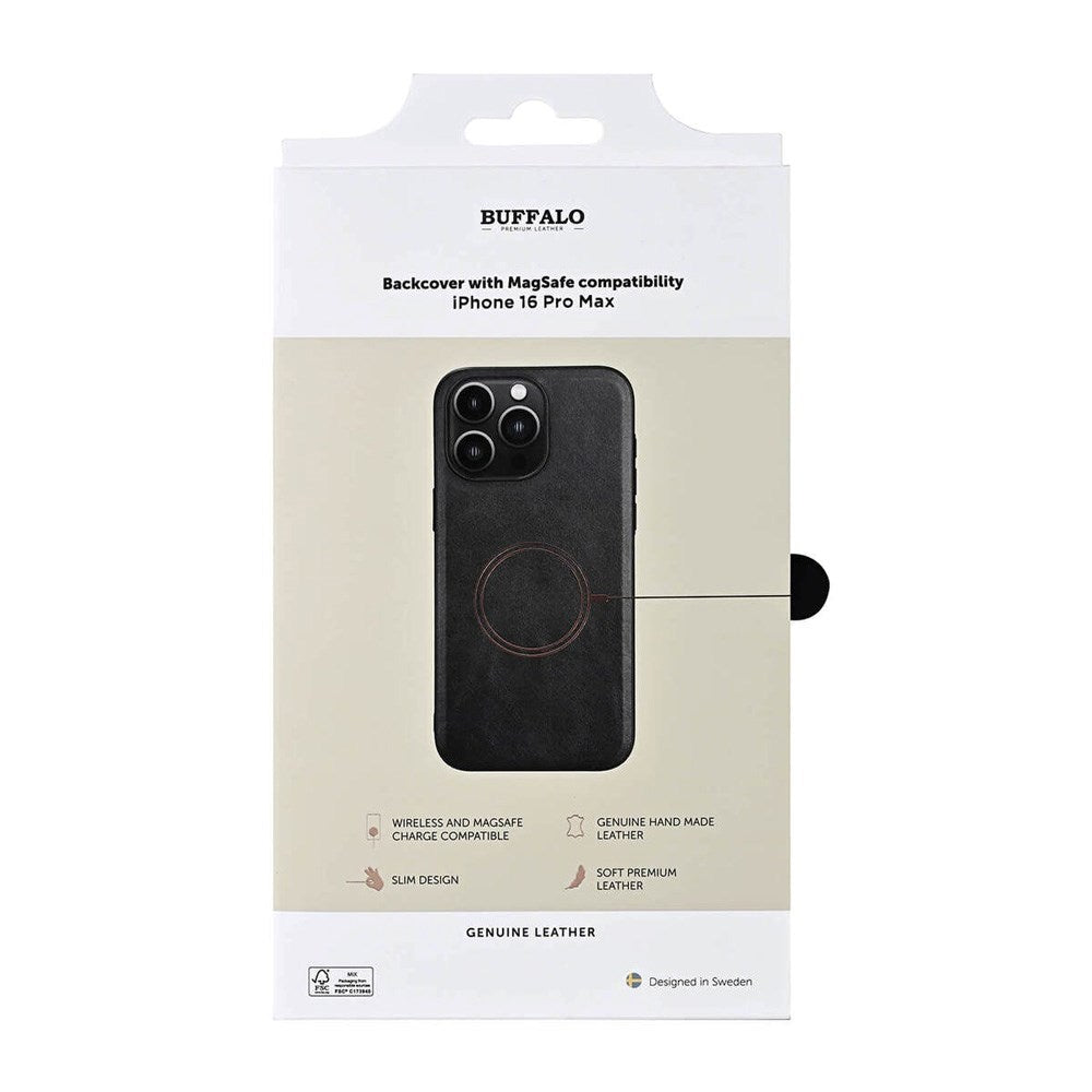 iPhone 16 Pro Max Buffalo Ægte Læder Cover - MagSafe Kompatibel - Sort
