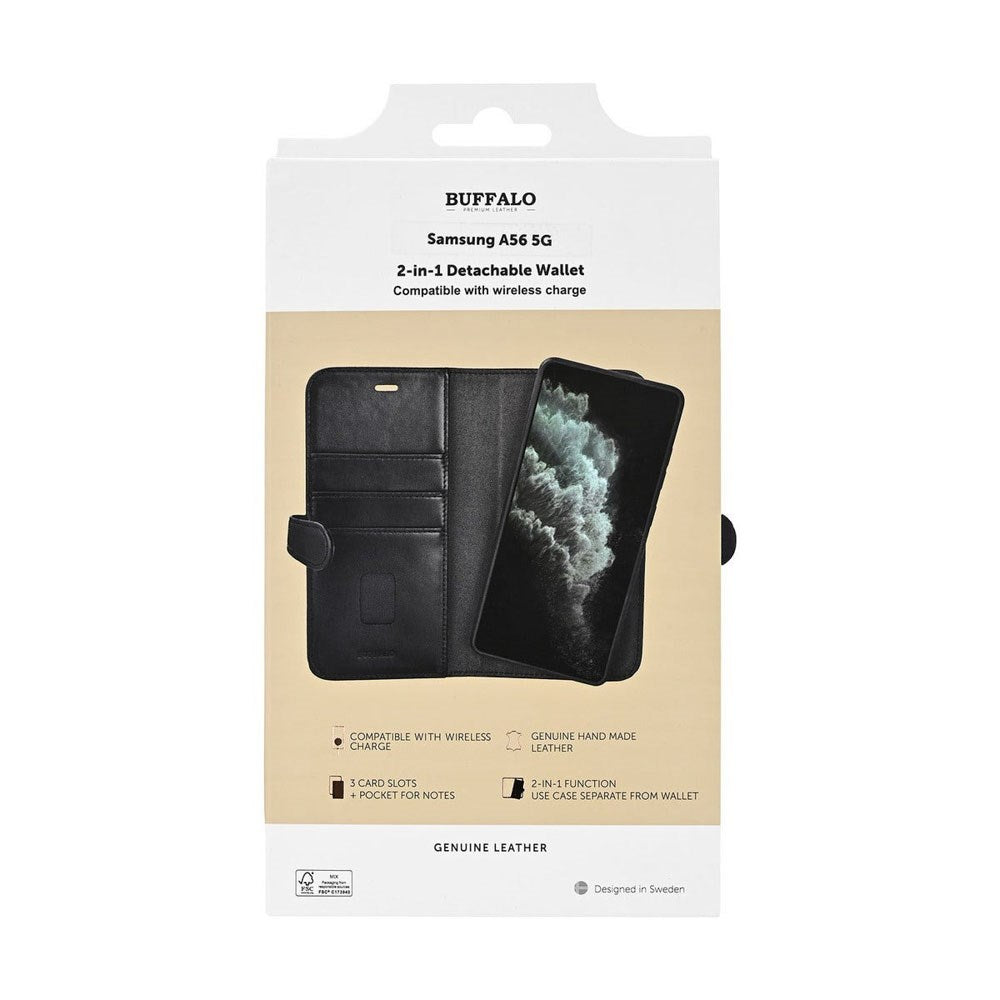 Samsung Galaxy A56 (5G) Buffalo 2-in-1 Wallet Ægte Læder Magnet Cover m. Pung - Sort