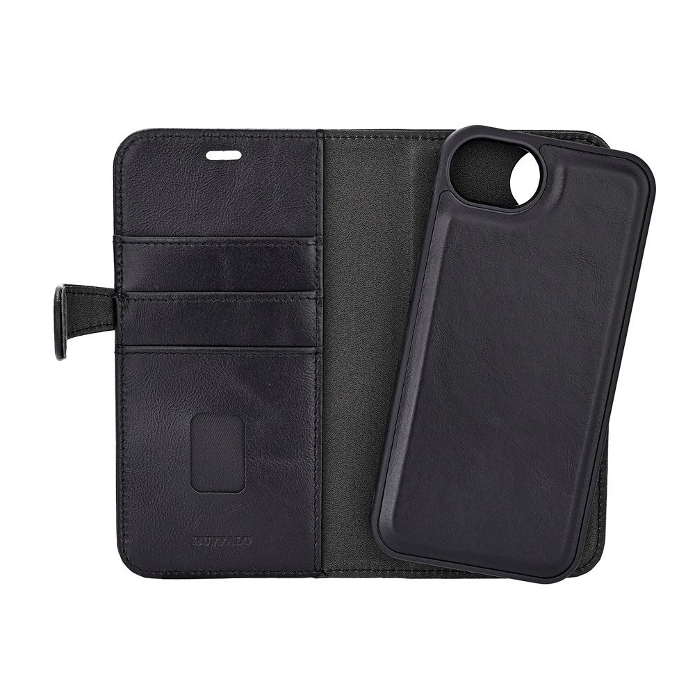 iPhone 17e / 16e Buffalo 2-i-1 Ægte Læder Flip Cover - Sort