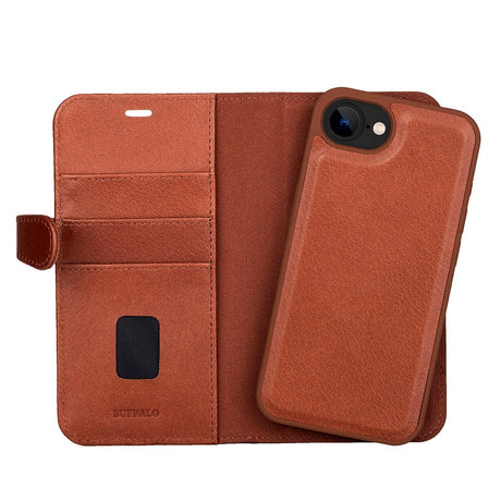 iPhone 17e / 16e Buffalo 2-i-1 Ægte Læder Flip Cover - Brun