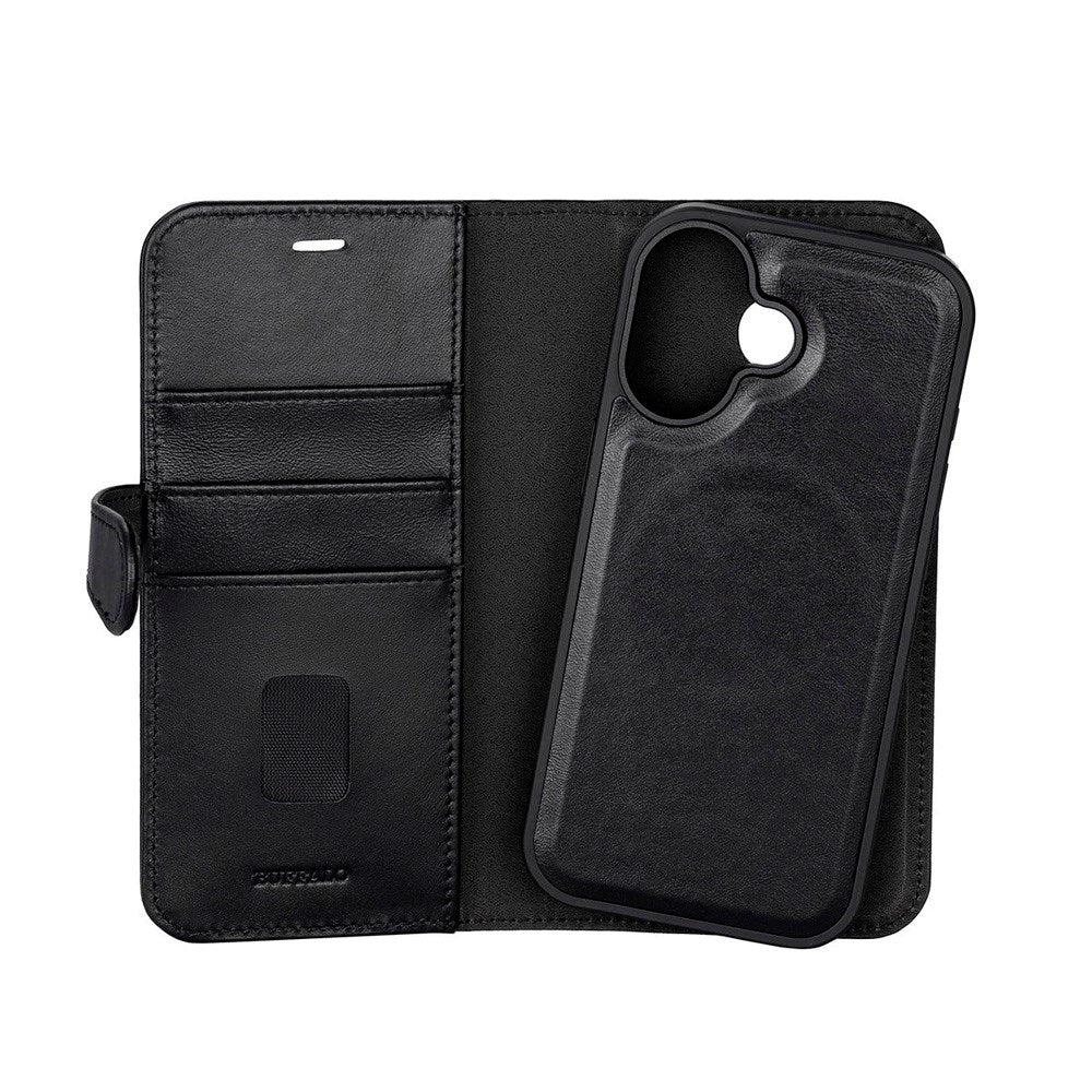 iPhone 17 Buffalo 2-i-1 Ægte Læder Flip Cover - Sort