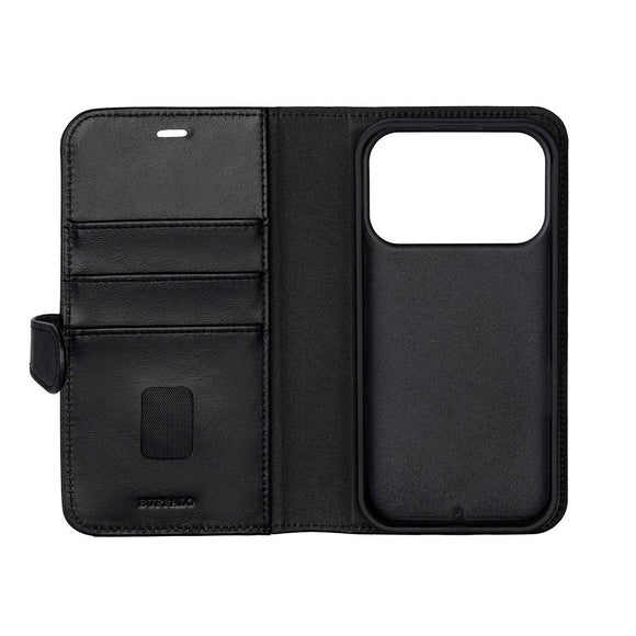 iPhone 17 Pro Buffalo 2-i-1 Ægte Læder Flip Cover - Sort