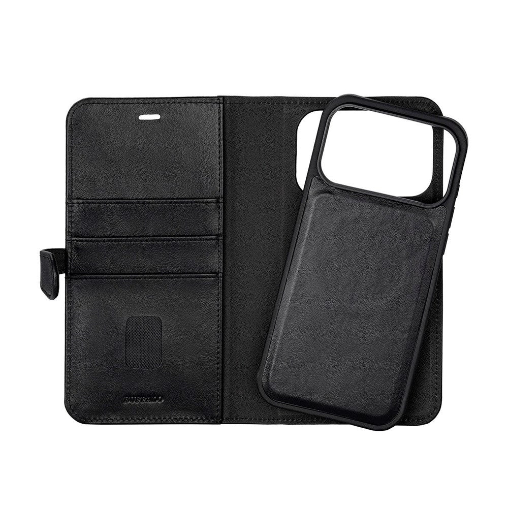 iPhone 17 Pro Max Buffalo 2-i-1 Ægte Læder Flip Cover - Sort