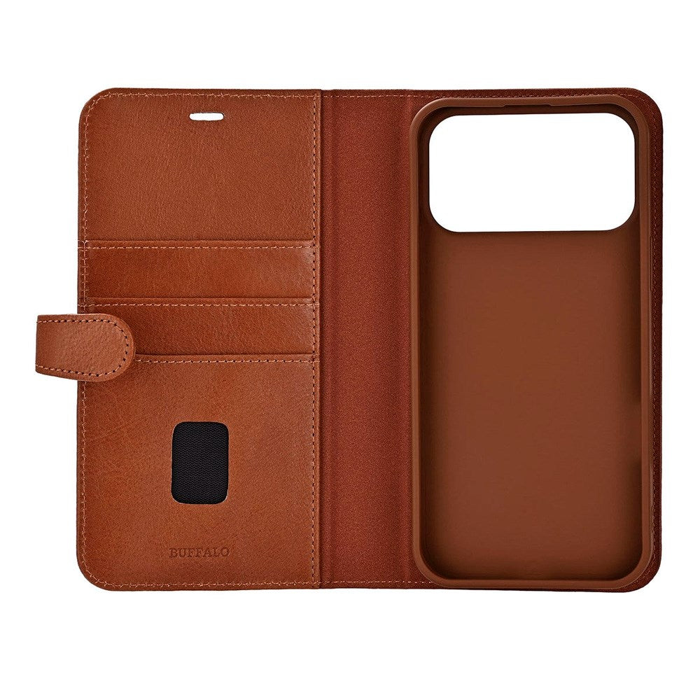 iPhone 17 Pro Max Buffalo 2-i-1 Ægte Læder Flip Cover - Brun