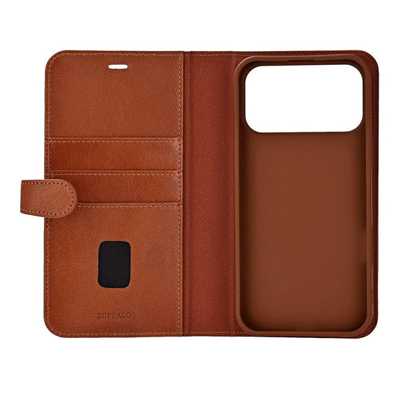 iPhone 17 Pro Max Buffalo 2-i-1 Ægte Læder Flip Cover - Brun