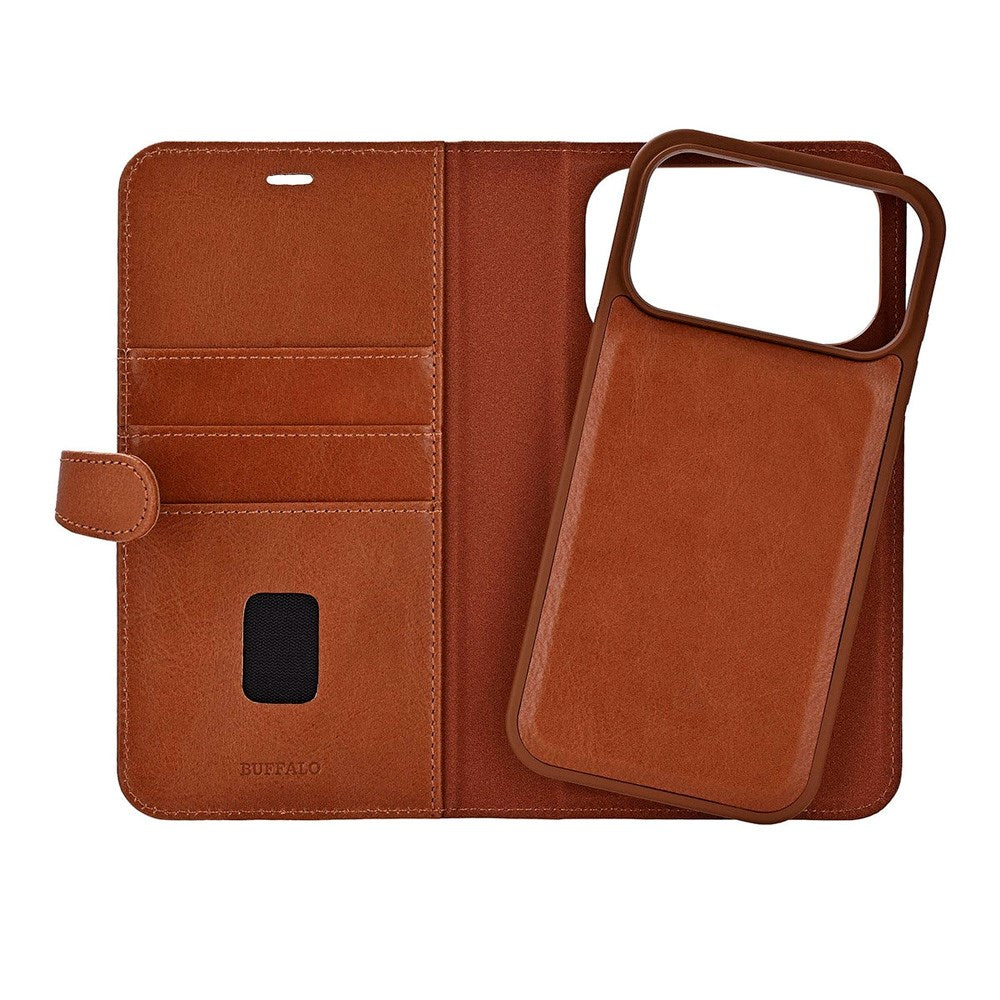 iPhone 17 Pro Max Buffalo 2-i-1 Ægte Læder Flip Cover - Brun