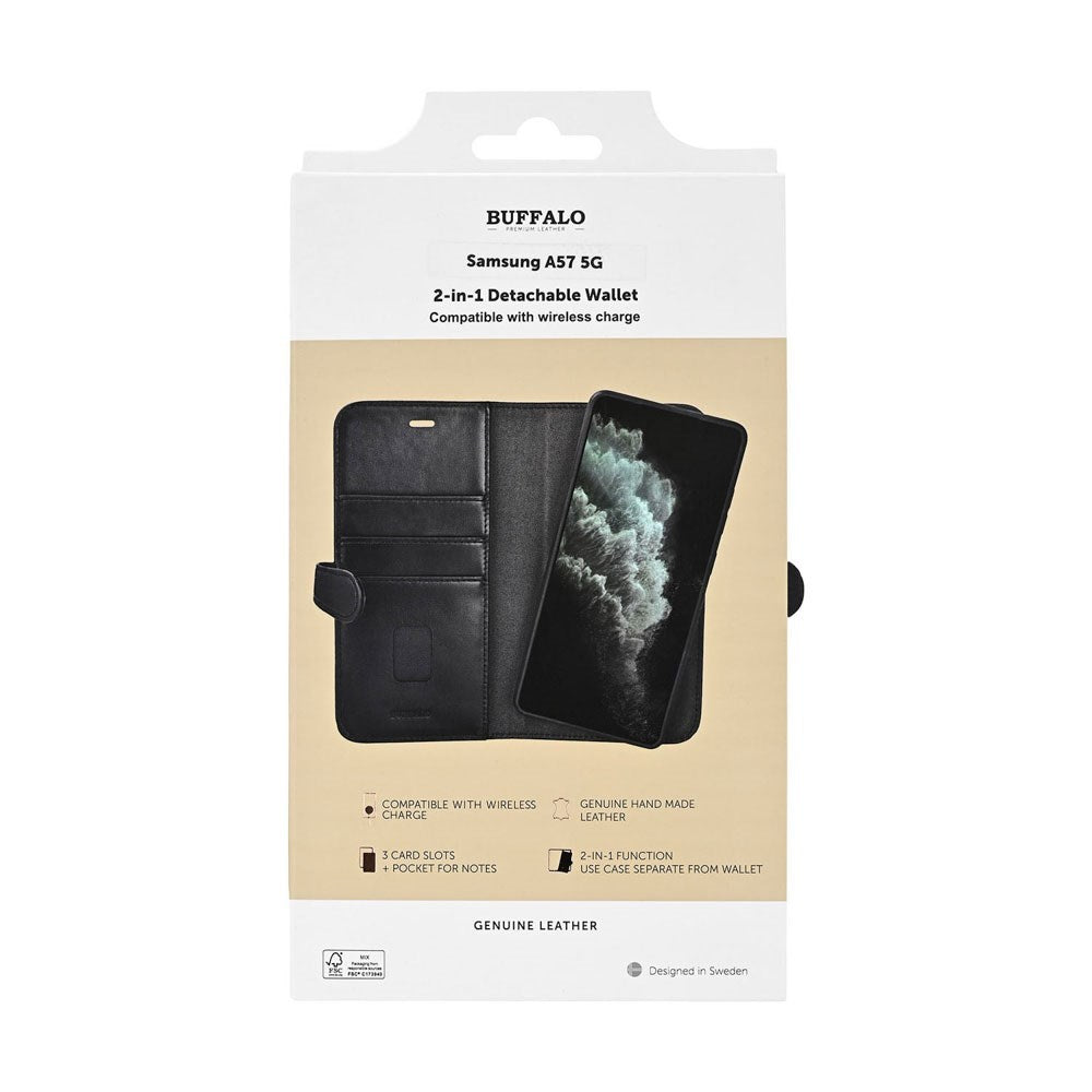 Samsung Galaxy A57 Buffalo 2-i-1 Ægte Læder Flip Cover - Sort