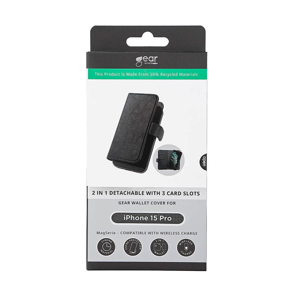 iPhone 15 Pro GEAR Læder Cover 2-i-1 m. Pung 3 Kort - Sort