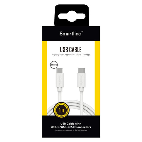 Smartline (3A/60W) USB-C til USB-C Kabel 1 m. - Hvid