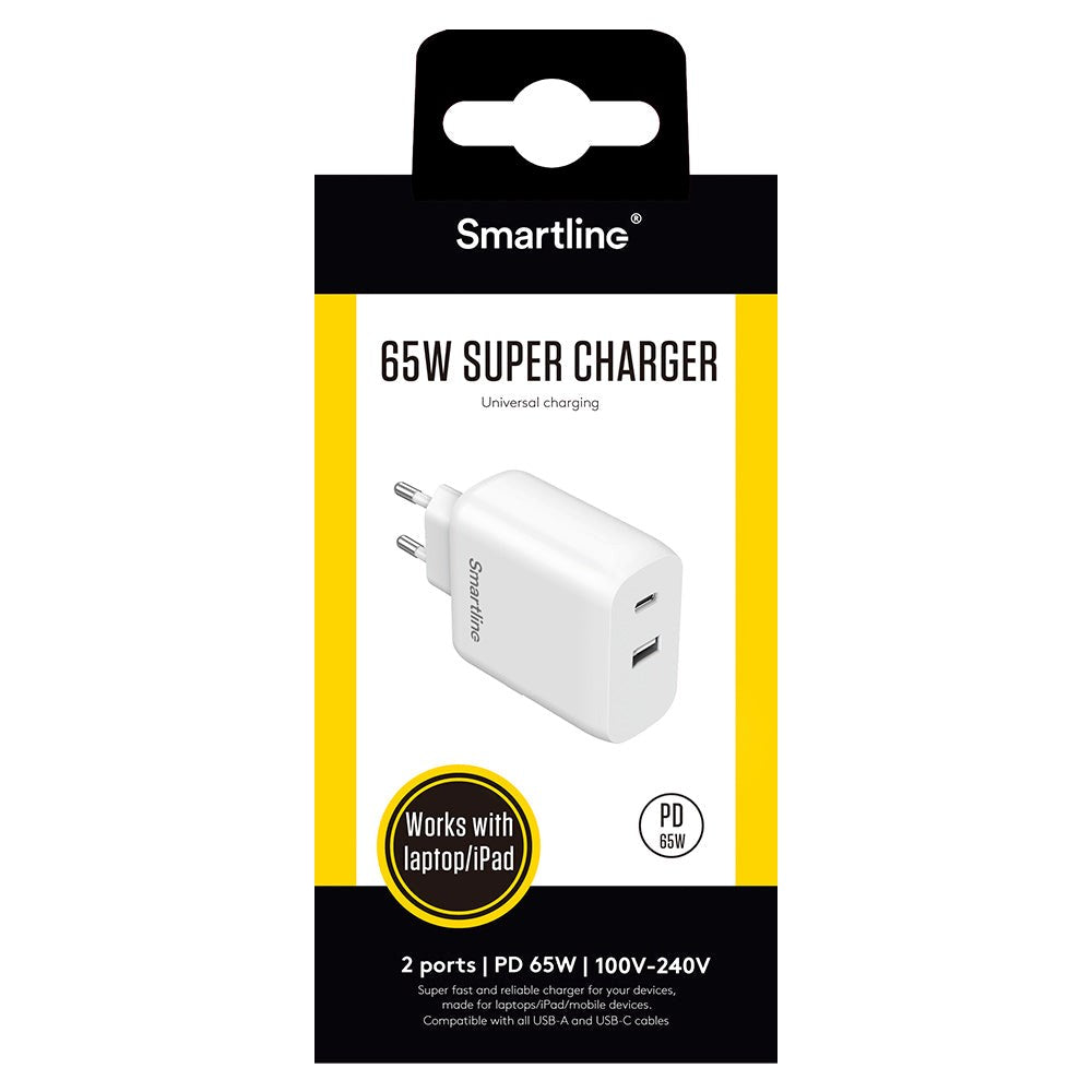 Smartline Super Charger 65W Vægoplader USB-C & USB-A - Hvid