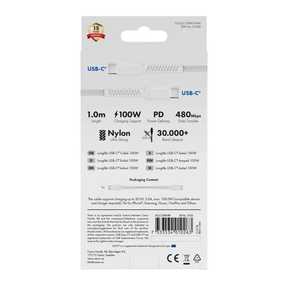 X2O Longlife 100W USB-C til USB-C Kabel - 1m - Hvid