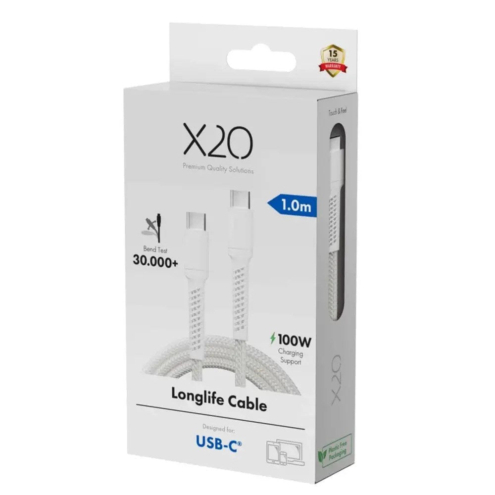 X2O Longlife 100W USB-C til USB-C Kabel - 1m - Hvid
