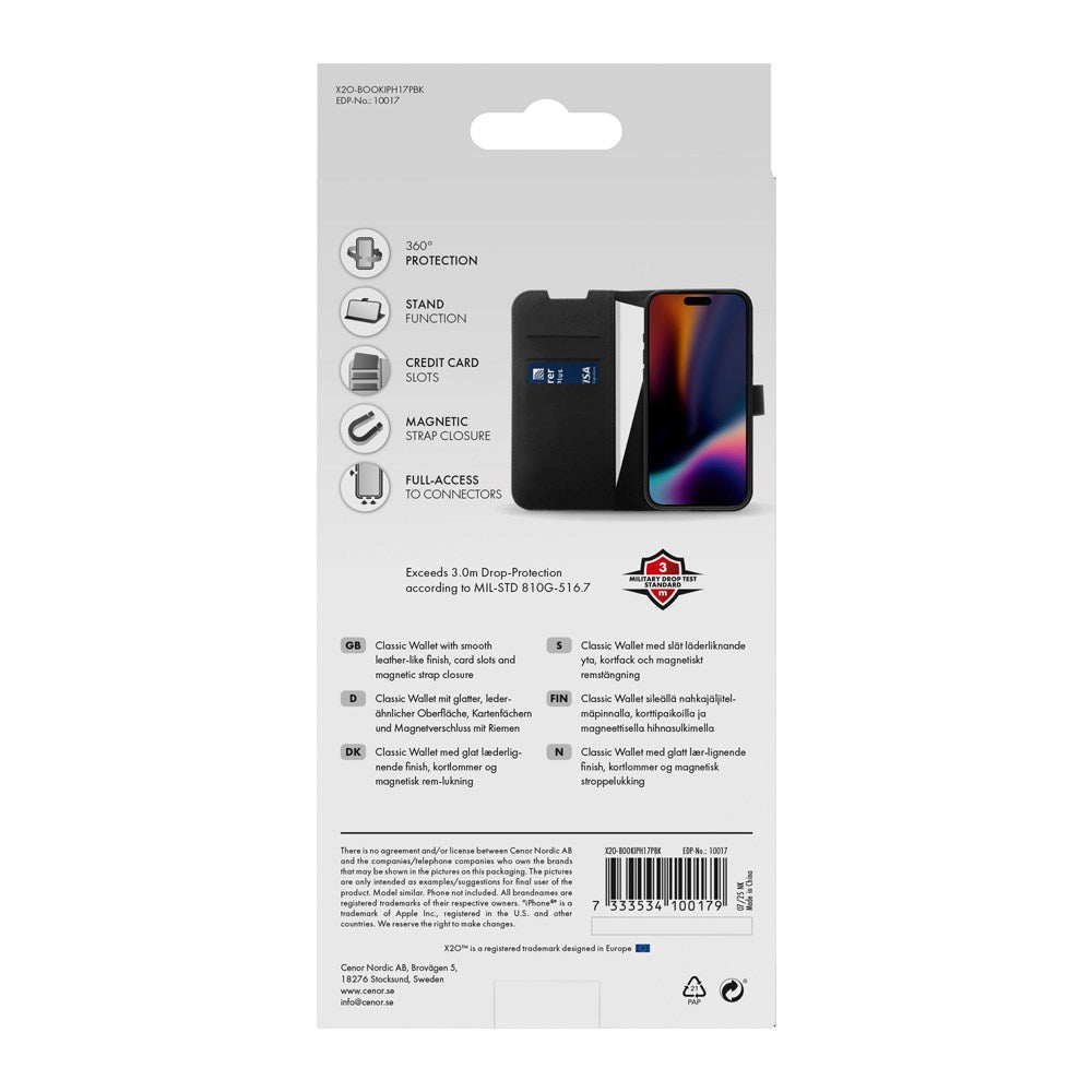 X2O iPhone 17 Pro Classic Wallet Flip Cover - Kortholder & Ståfunktion - Sort