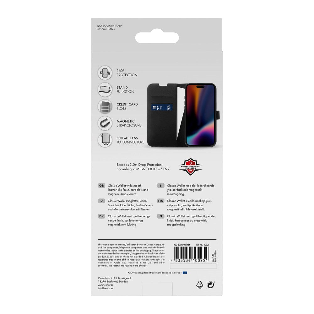 X2O iPhone Air Classic Wallet Flip Cover - Kortholder & Ståfunktion - Sort