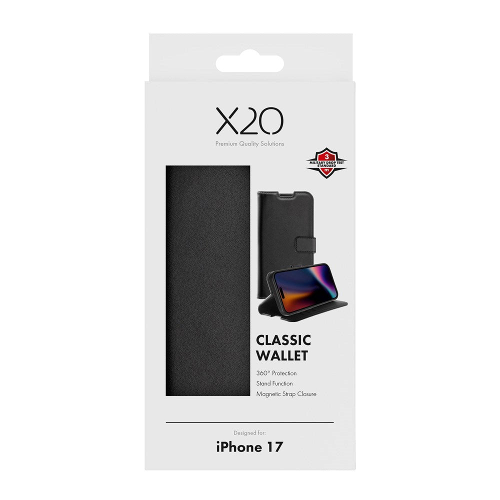 X2O iPhone 17 Classic Wallet Flip Cover - Kortholder & Ståfunktion - Sort