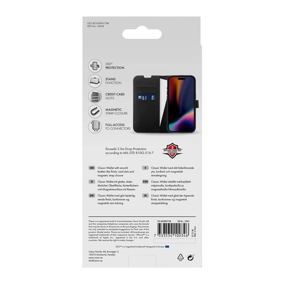 X2O iPhone 17 Classic Wallet Flip Cover - Kortholder & Ståfunktion - Sort