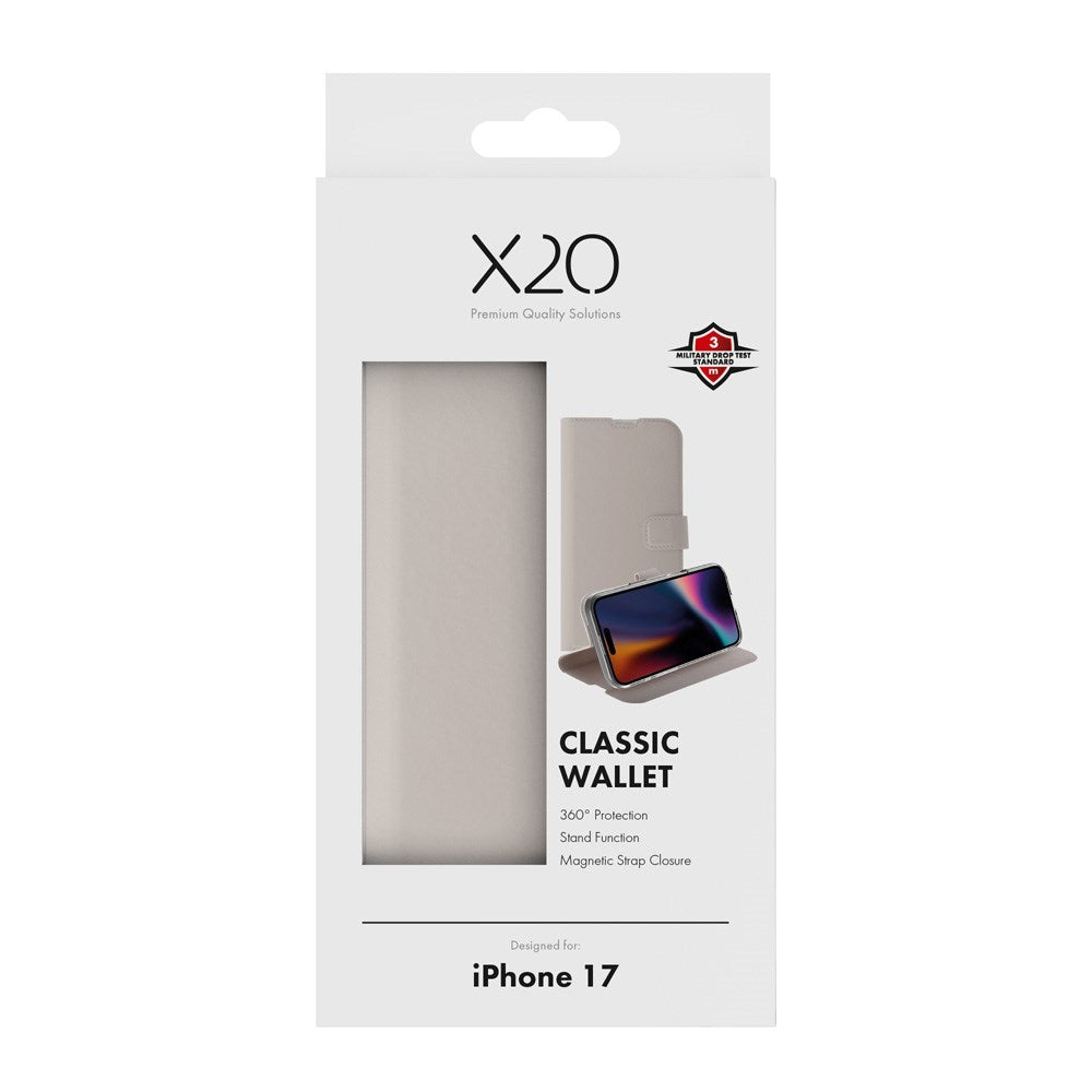 X2O iPhone 17 Classic Wallet Flip Cover - Kortholder & Ståfunktion - Beige