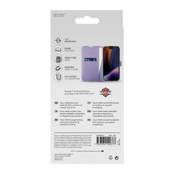 X2O iPhone 17 Classic Wallet Flip Cover - Kortholder & Ståfunktion - Lilla