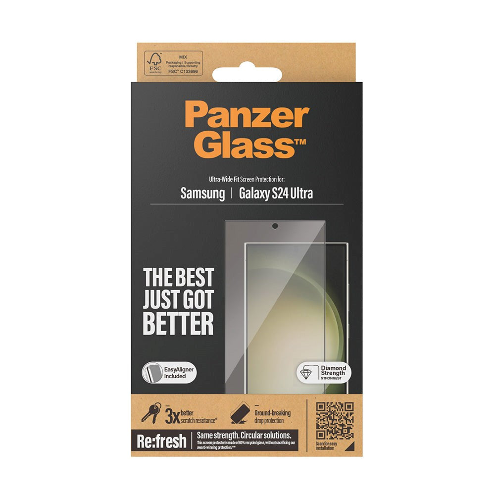 Samsung Galaxy S24 Ultra PanzerGlass Ultra Wide Fit Re:fresh Skærmbeskyttelse m. EasyAligner - Diamond Strength - Sort Kant