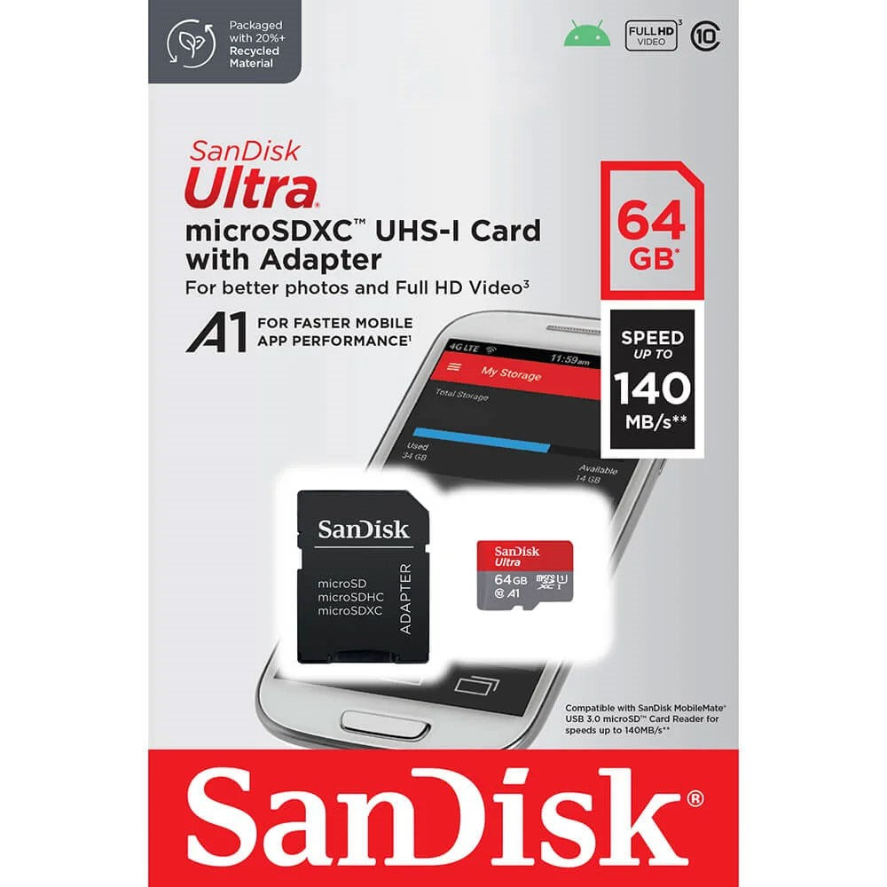 SanDisk Micro SDXC Hukommelseskort m. Adapter - 64GB - Rød / Grå