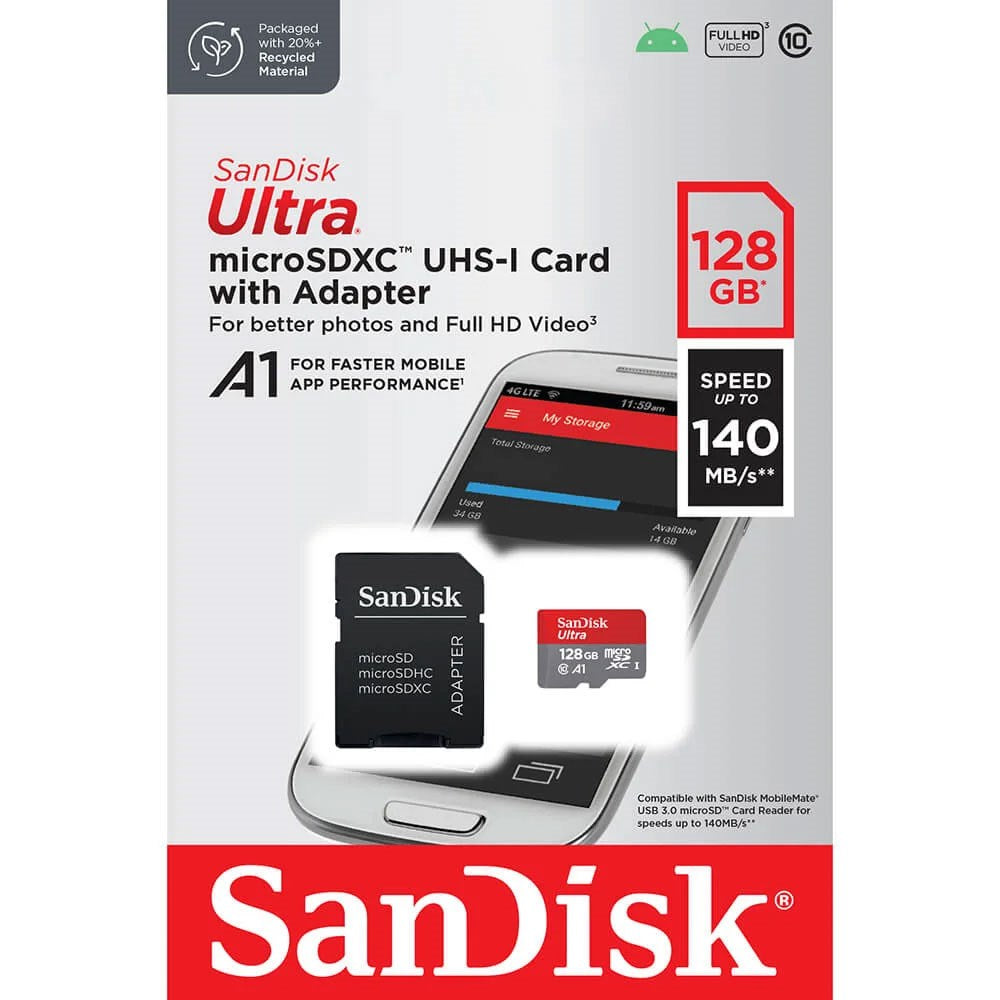 SanDisk Micro SDXC Hukommelseskort m. Adapter - 128GB - Rød / Grå
