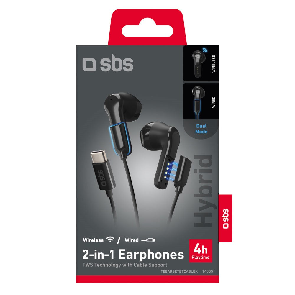 SBS Hybrid 2-i-1 True Wireless Høretelefoner / m. USB-C Ledning - Sort