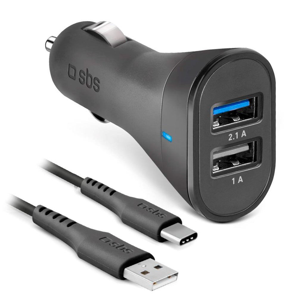 SBS 10W Biloplader Kit m. 2 x USB-A & USB-C Kabel - Sort
