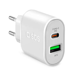 SBS 20W Vægoplader m. USB-C PD & USB-A AFC - Hvid