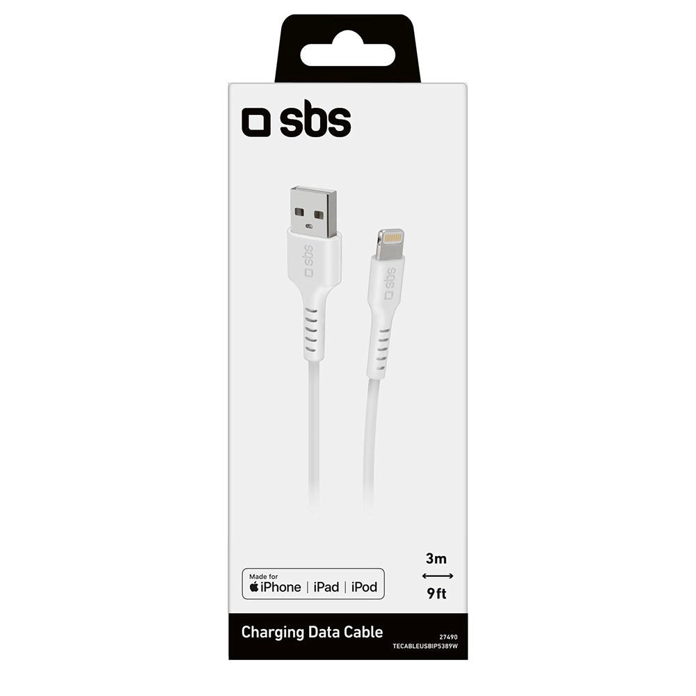 SBS USB-A til Lightning Kabel MFI - 3 Meter - 480 Mbit/s - Hvid