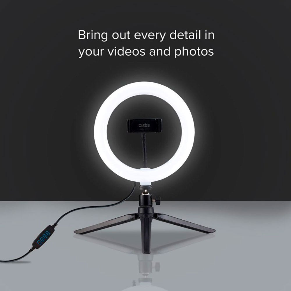SBS LED Selfie Ring Light m. Tripod & Mobilholder - Sort