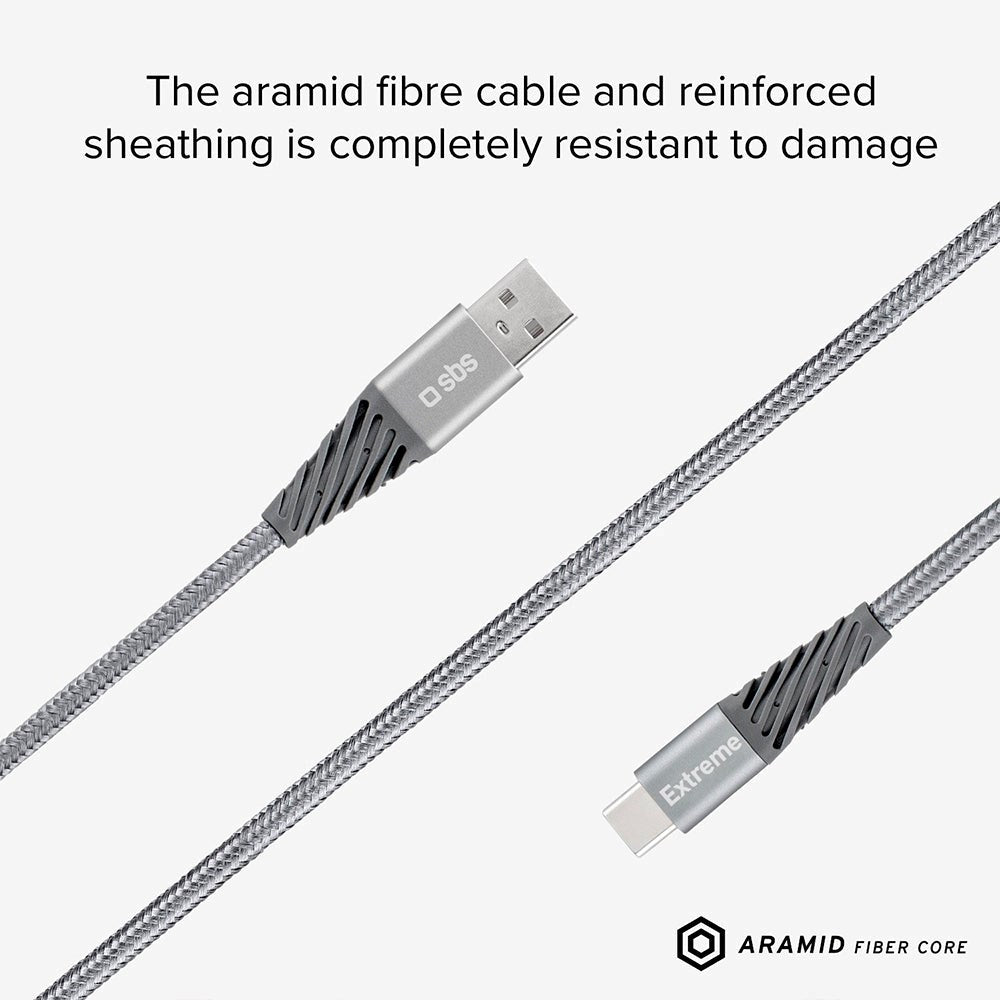 SBS Extreme Collection USB-A til USB-C Flettet Aramid Fiber Kabel - 1.5 Meter - 480 mbit/s - Sort