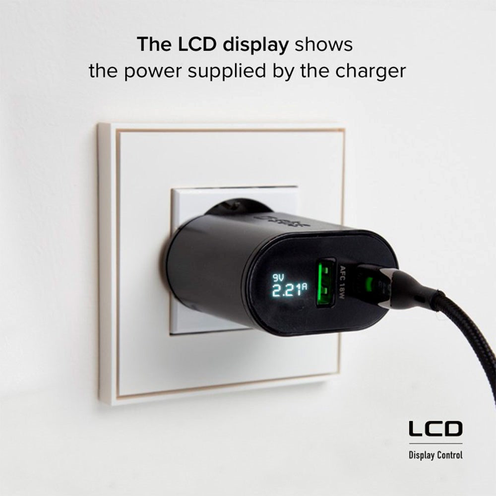 SBS 20W LCD Vægoplader m. USB-C PD & USB-A AFC - Sort