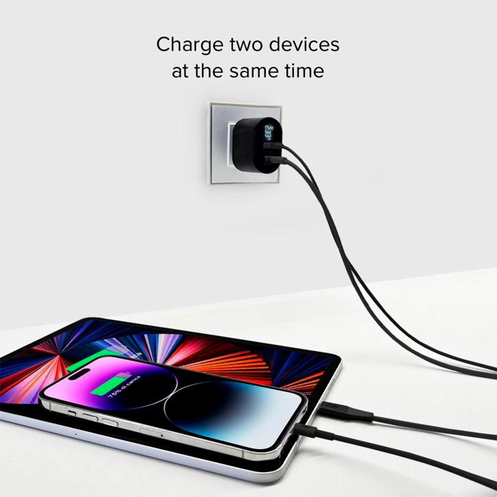 SBS 20W LCD Vægoplader m. USB-C PD & USB-A AFC - Sort