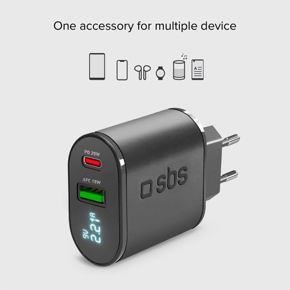 SBS 20W LCD Vægoplader m. USB-C PD & USB-A AFC - Sort