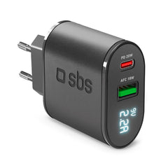 SBS 20W LCD Vægoplader m. USB-C PD & USB-A AFC - Sort