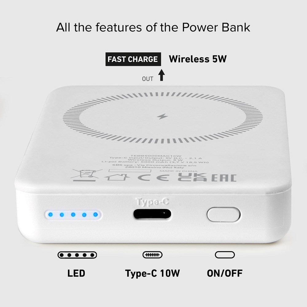 SBS Mag PowerBank 5000 mAh m. USB-C & Trådløs Opladning - Hvid