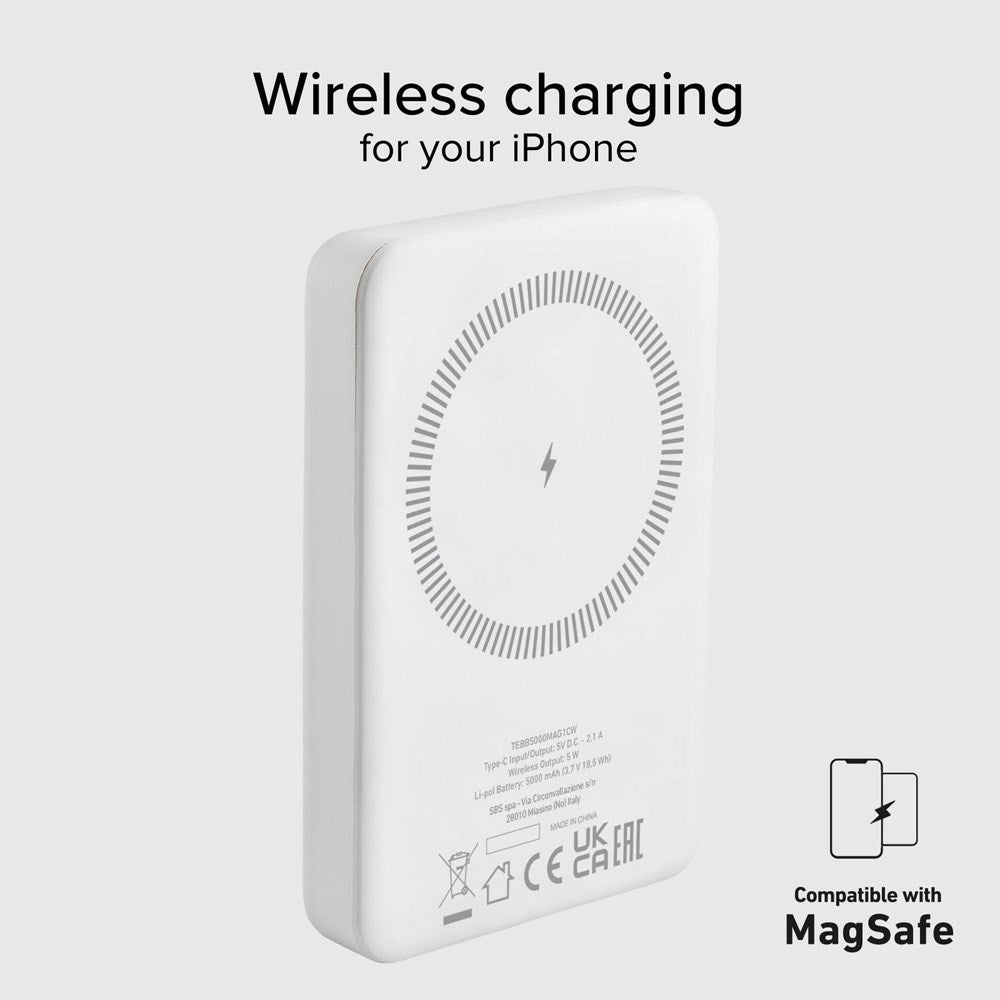 SBS Mag PowerBank 5000 mAh m. USB-C & Trådløs Opladning - Hvid